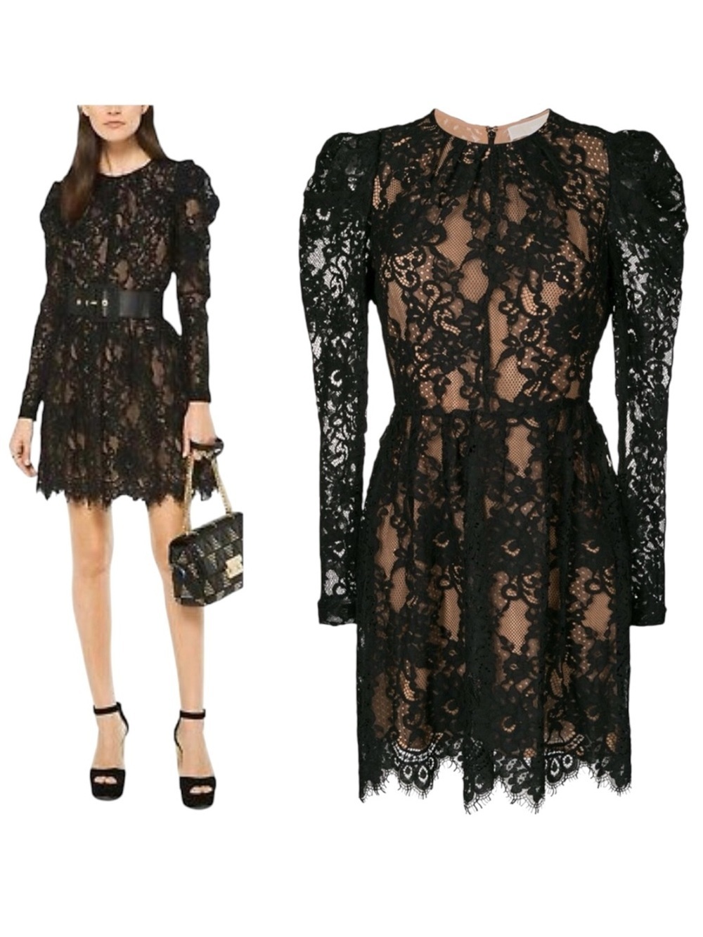 Michael Kors Black Lace Cocktail Party Dress Puff Sleeve Fit Flare Nude SZ 4